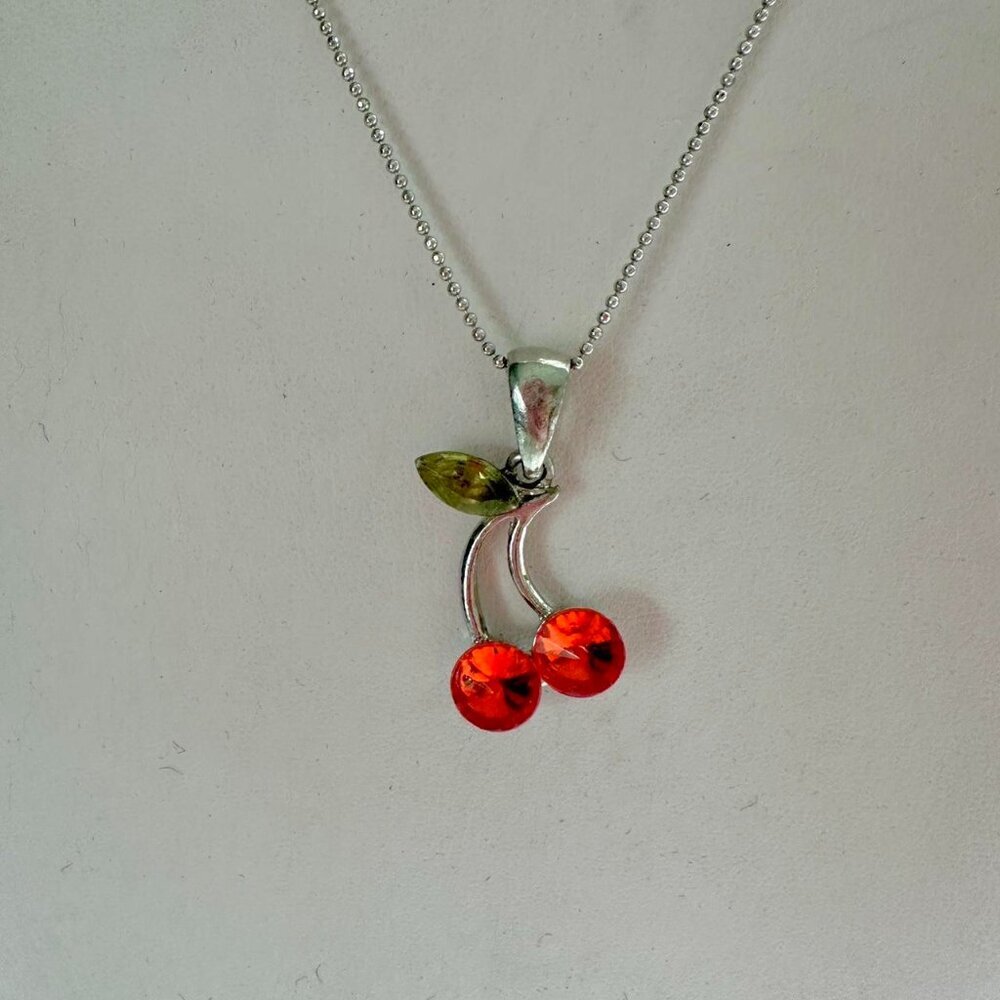 Vintage Lia Sophia Cherry Necklace – Red Crystal Pendant
